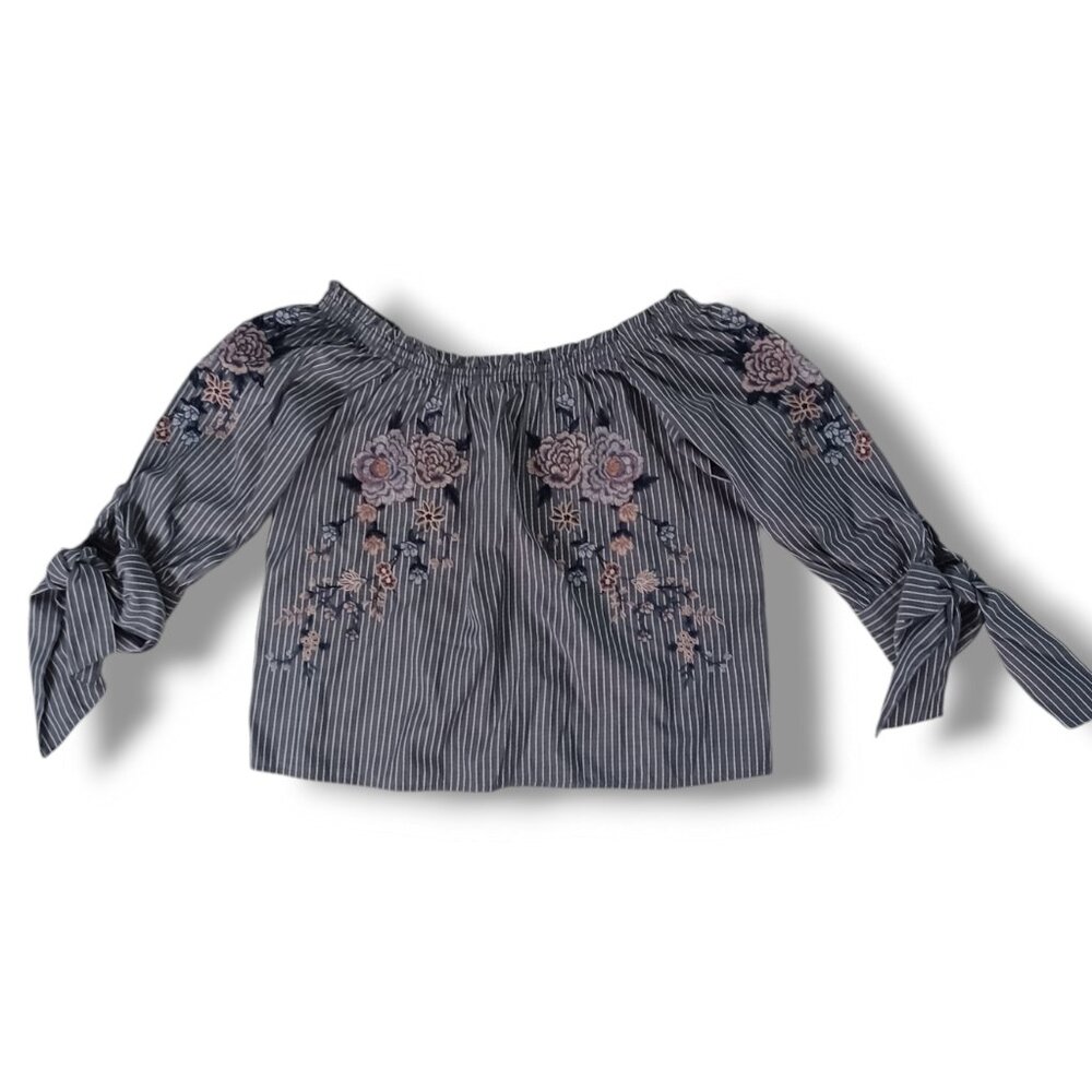 AEO American Eagle Outfitters Off Shoulder Top Blouse Shirt Floral Blue Size XS